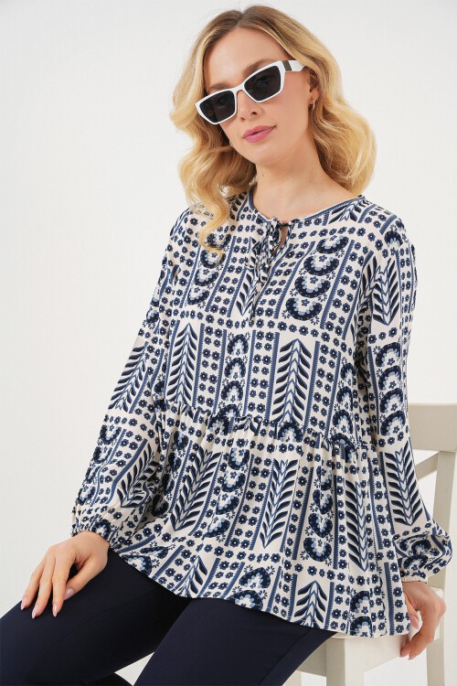 Kadın Desenli Uzun Kol Bluz 970 - İndigo