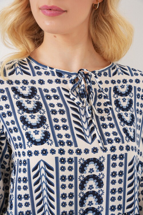 Kadın Desenli Uzun Kol Bluz 970 - İndigo