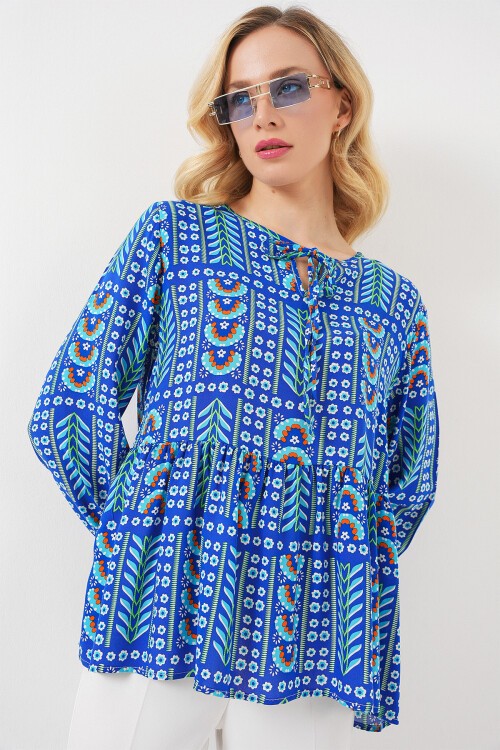 Kadın Desenli Uzun Kol Bluz 970 - Saks