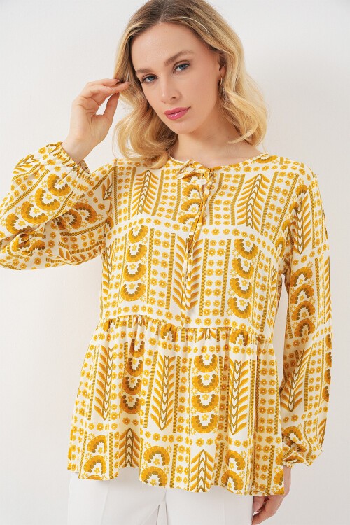 Kadın Desenli Uzun Kol Bluz 970 - Sarı
