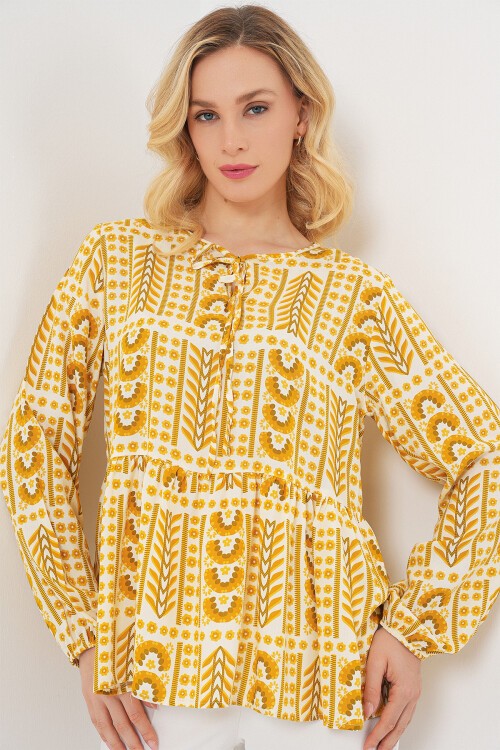Kadın Desenli Uzun Kol Bluz 970 - Sarı