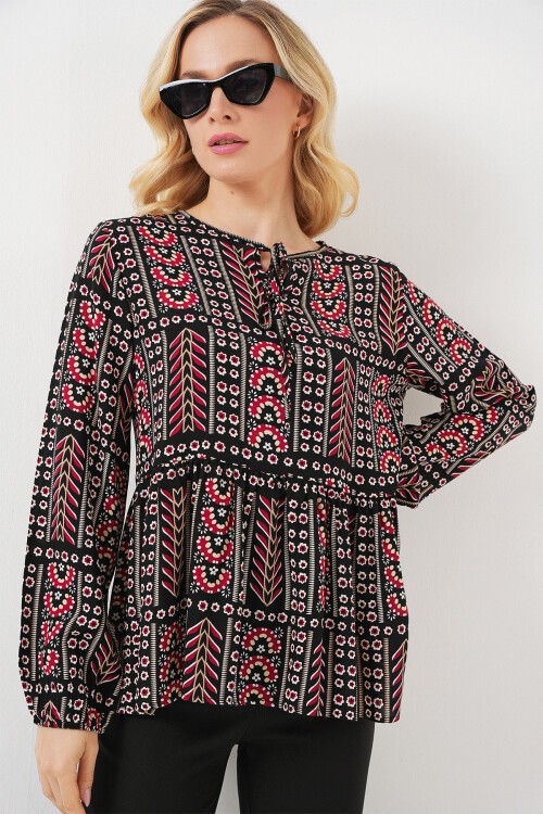 Kadın Desenli Uzun Kol Bluz 970 - Siyah