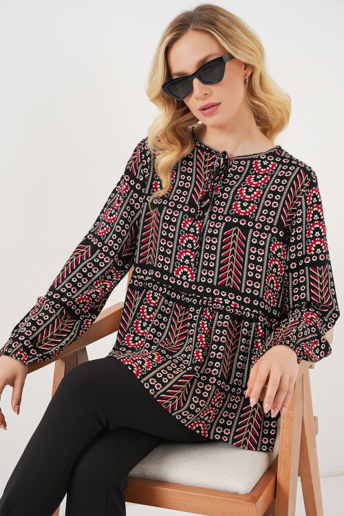 Kadın Desenli Uzun Kol Bluz 970 - Siyah