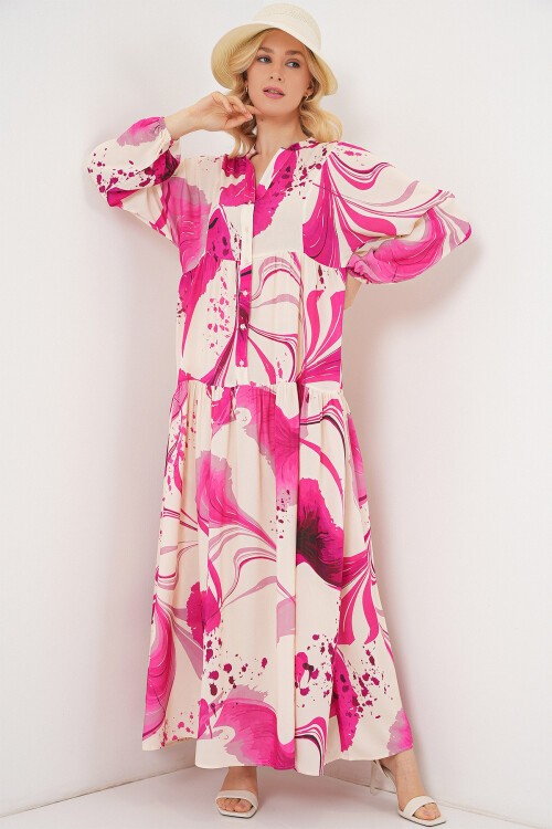 Kadın Desenli Uzun Tesettür Elbise 2585 - Fuşya