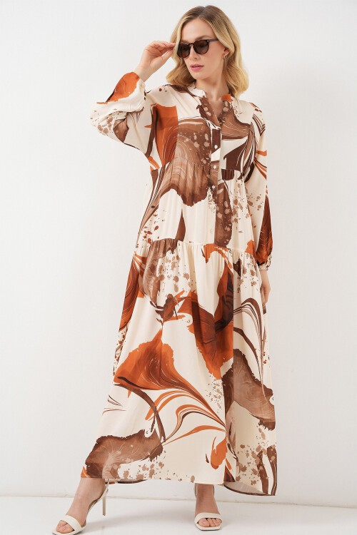 Kadın Desenli Uzun Tesettür Elbise 2585 - Kahverengi