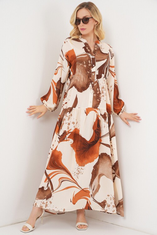 Kadın Desenli Uzun Tesettür Elbise 2585 - Kahverengi