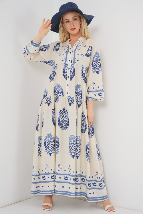 Kadın Desenli Uzun Tesettür Elbise 2585 - Krem