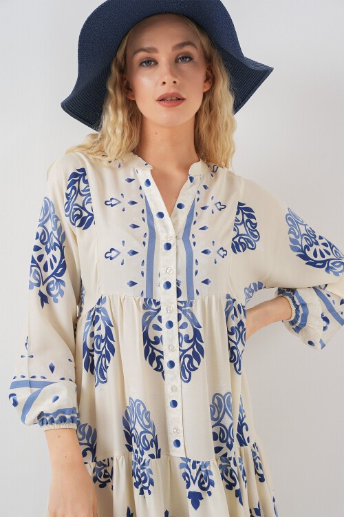 Kadın Desenli Uzun Tesettür Elbise 2585 - Krem