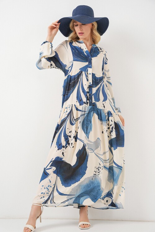 Kadın Desenli Uzun Tesettür Elbise 2585 - Lacivert