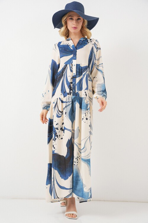 Kadın Desenli Uzun Tesettür Elbise 2585 - Lacivert