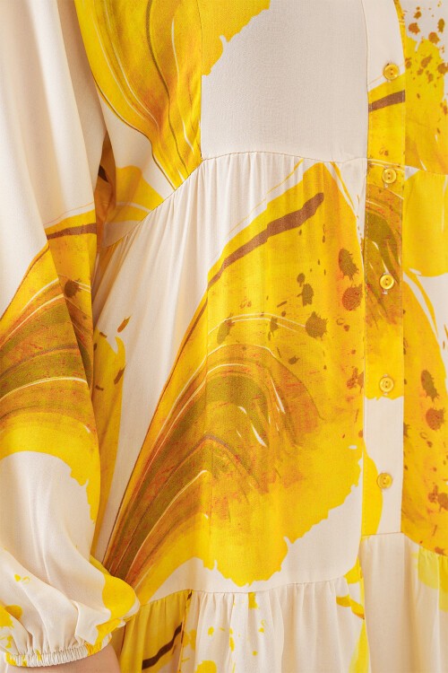 Kadın Desenli Uzun Tesettür Elbise 2585 - Sarı