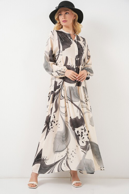 Kadın Desenli Uzun Tesettür Elbise 2585 - Siyah