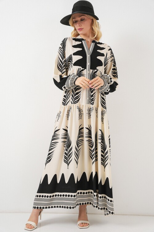 Kadın Desenli Uzun Tesettür Elbise 2585 - Siyah - Beyaz