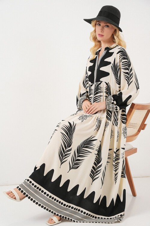 Kadın Desenli Uzun Tesettür Elbise 2585 - Siyah - Beyaz