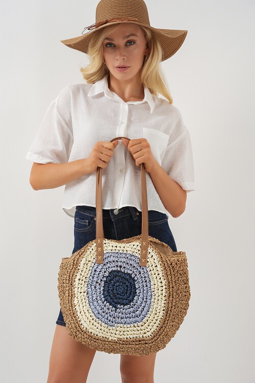 Merterium Kadın Desenli Yuvarlak Hasır Çanta 010191 - Bej
