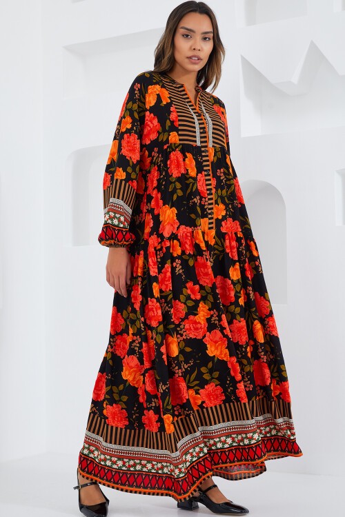 Merterium Kadın Ekru Siyah Viskon Tesettür Elbise 2423