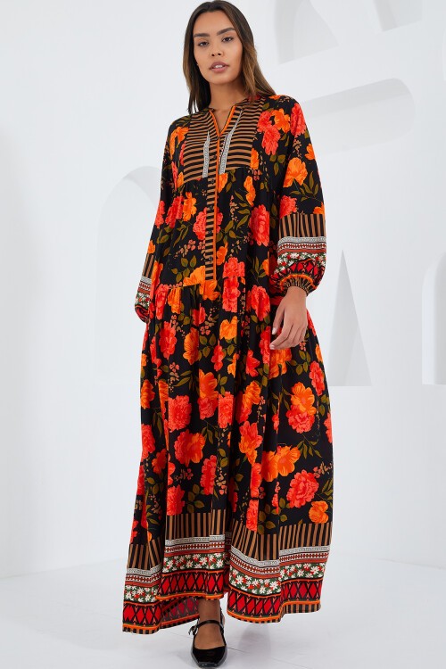 Merterium Kadın Ekru Siyah Viskon Tesettür Elbise 2423