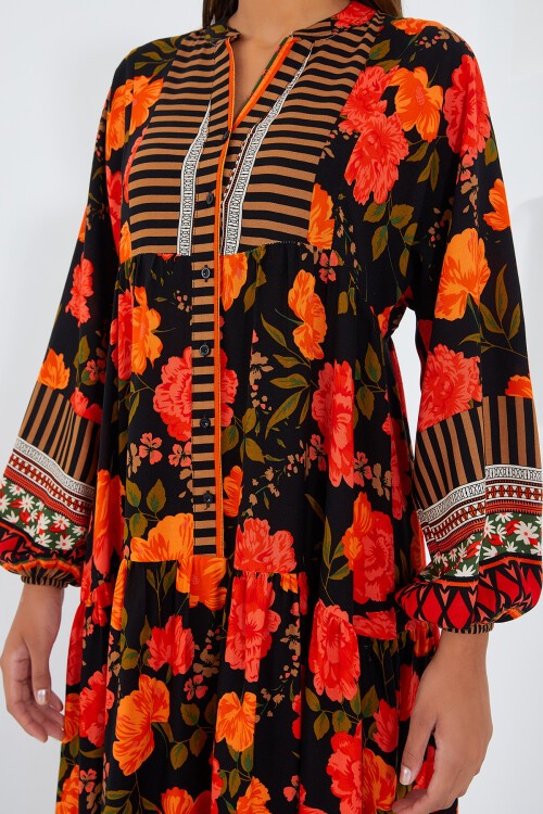 Merterium Kadın Ekru Siyah Viskon Tesettür Elbise 2423