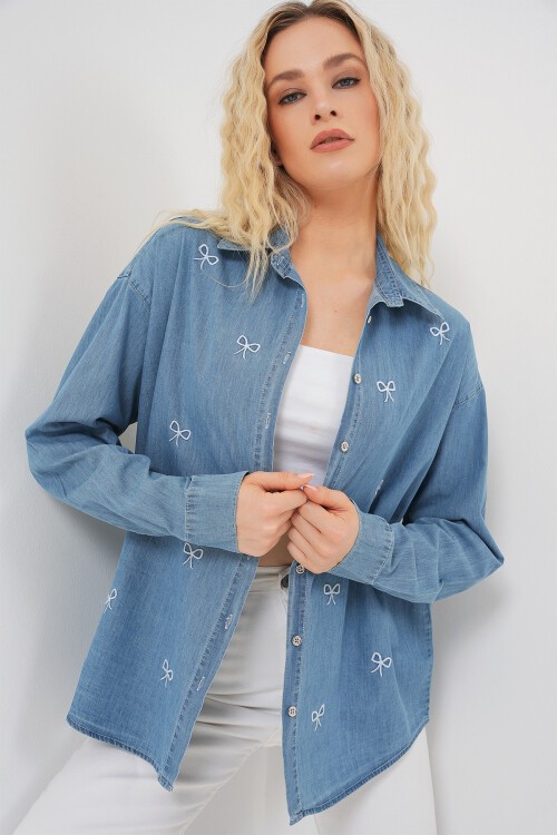 Kadın Fiyonlu Kot Gömlek 20329 - Mavi