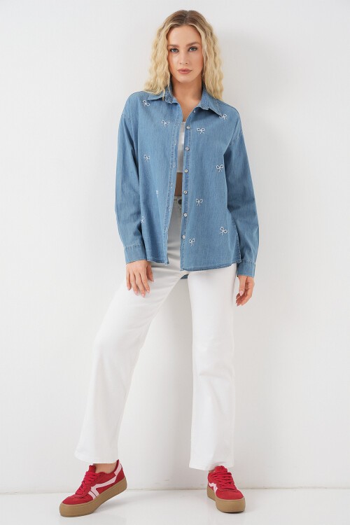 Kadın Fiyonlu Kot Gömlek 20329 - Mavi