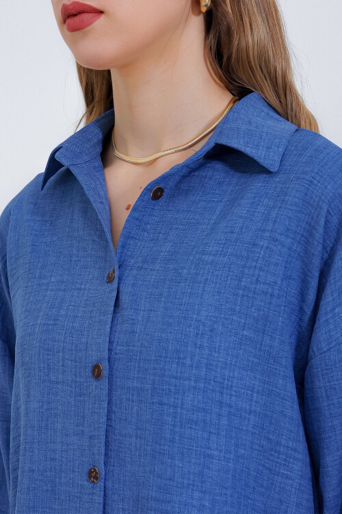 Merterium Kadın İndigo Oversize Keten Alt Üst Takım 6622