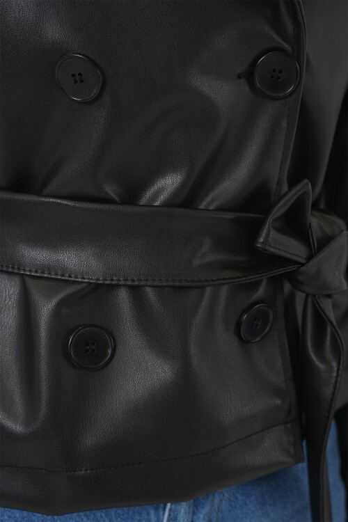 Merterium Kadın Kemer Detaylı Suni Deri Ceket 1006 - Siyah