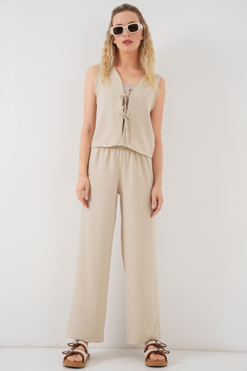 Kadın Keten Görünümlü Sıfır Kol İkili Takım 6746 - Bej