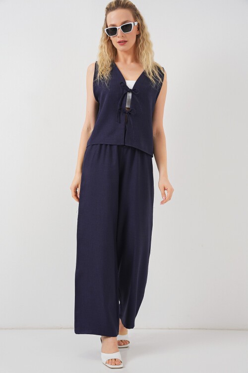 Kadın Keten Görünümlü Sıfır Kol İkili Takım 6746 - Lacivert