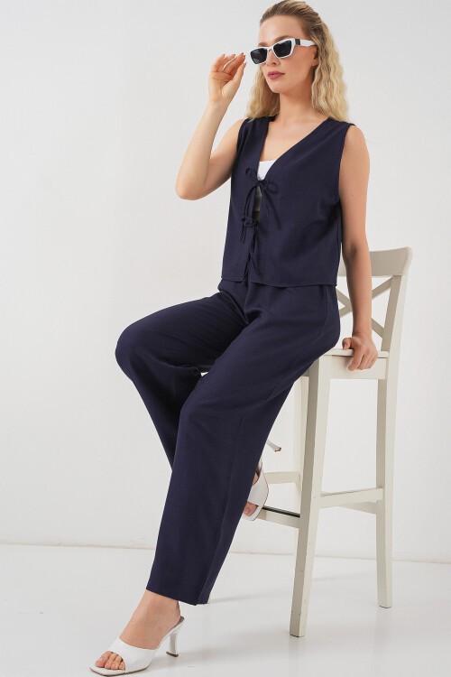 Kadın Keten Görünümlü Sıfır Kol İkili Takım 6746 - Lacivert