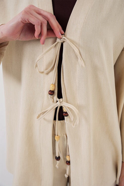 Merterium Kadın Keten Kimono Pantolon İkili Takım 1003 - Krem