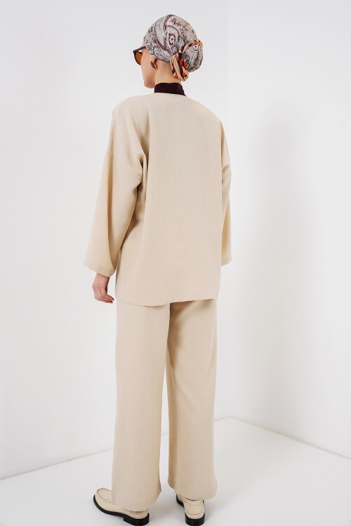 Merterium Kadın Keten Kimono Pantolon İkili Takım 1003 - Krem