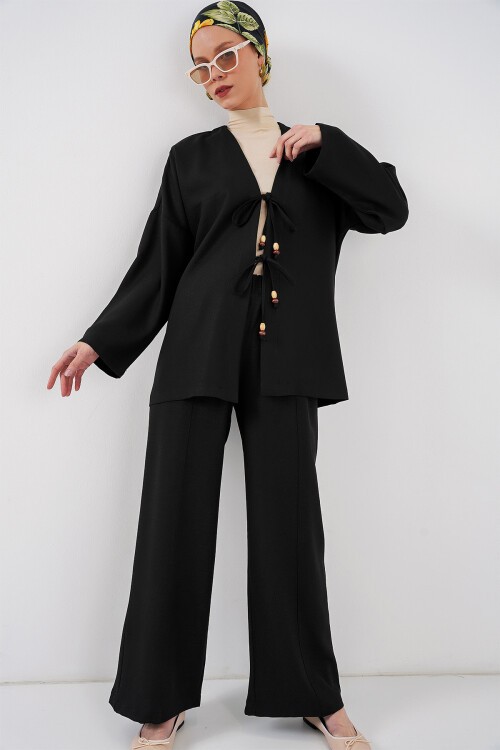 Merterium Kadın Keten Kimono Pantolon İkili Takım 1003 - Siyah