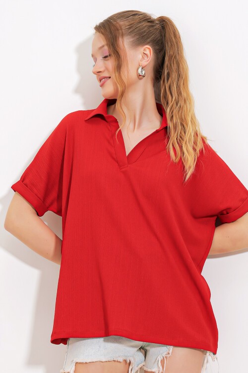 Merterium Kadın Kırmızı Oversize Polo Yaka Örme Bluz 0486