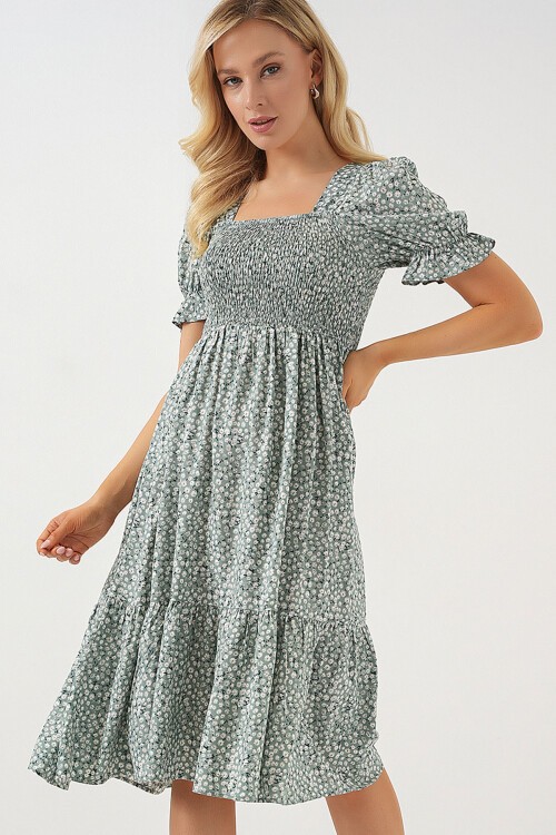 Merterium Kadın Kısa Kol Çiçekli Elbise 2556 - Mint