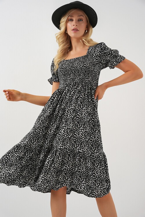 Merterium Kadın Kısa Kol Çiçekli Elbise 2556 - Siyah