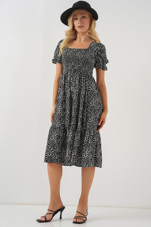 Merterium Kadın Kısa Kol Çiçekli Elbise 2556 - Siyah