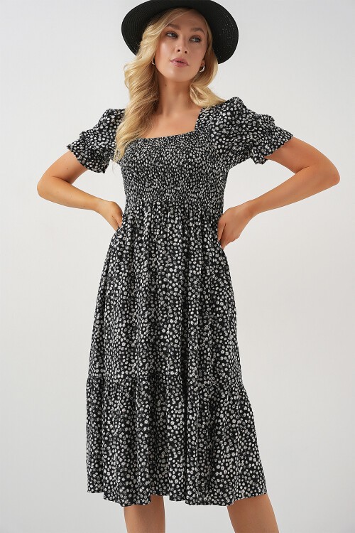 Merterium Kadın Kısa Kol Çiçekli Elbise 2556 - Siyah