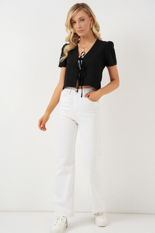 Merterium Kadın Kısa Kol Crop Bluz 958 - Siyah