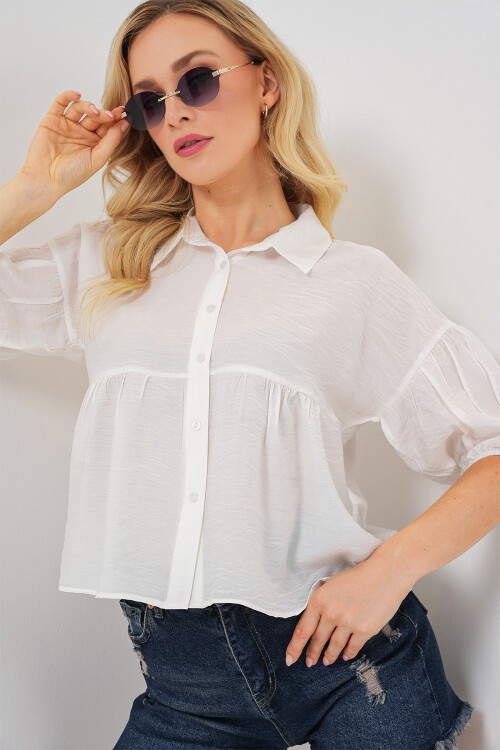 Merterium Kadın Kısa Kol Crop Gömlek 20335 - Beyaz