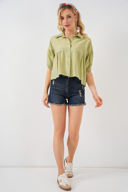 Merterium Kadın Kısa Kol Crop Gömlek 20335 - E.Yeşil
