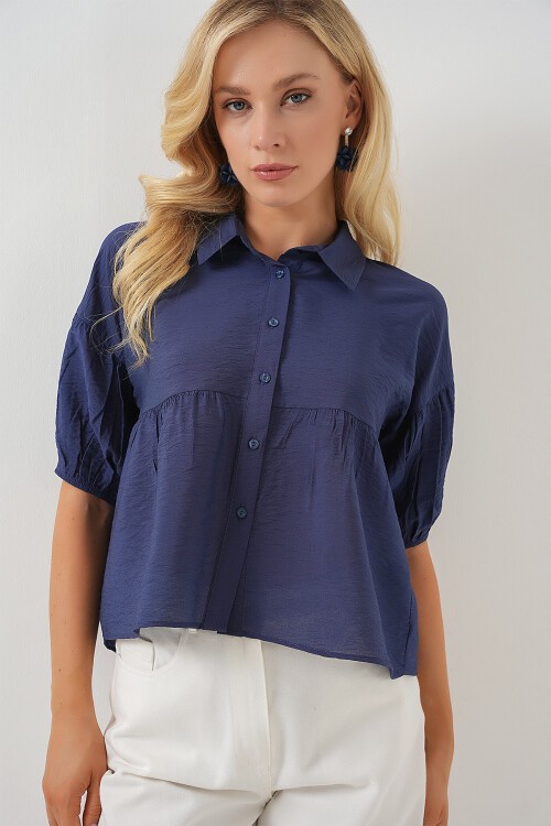 Merterium Kadın Kısa Kol Crop Gömlek 20335 - İndigo