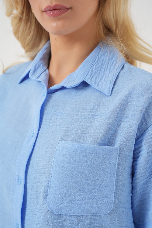 Merterium Kadın Kısa Kol Crop Gömlek 20341 - Mavi