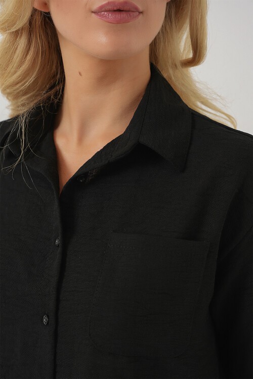Merterium Kadın Kısa Kol Crop Gömlek 20341 - Siyah