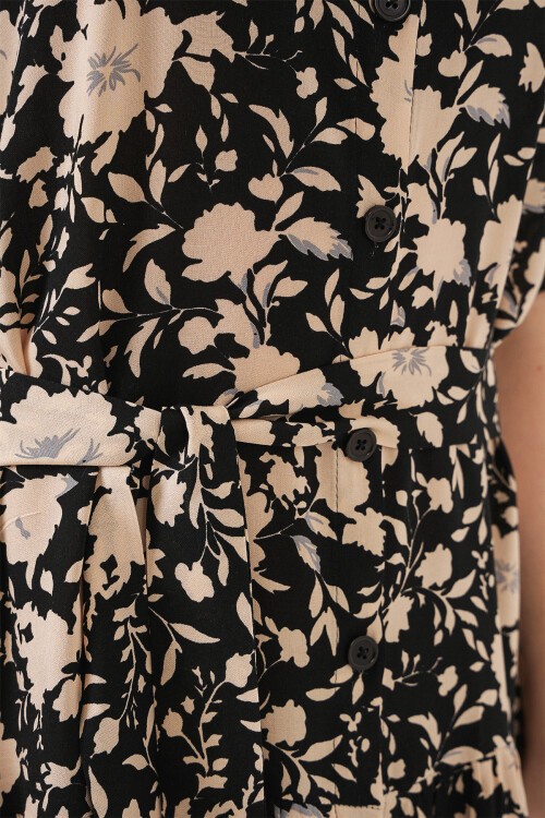 Kadın Kısa Kol Desenli Elbise 2560 - Siyah