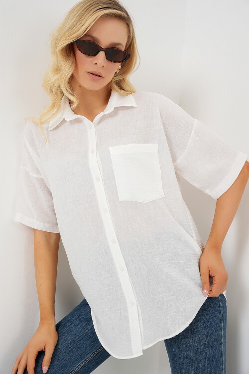 Merterium Kadın Kısa Kol Keten Görünümlü Gömlek 20336 - Beyaz