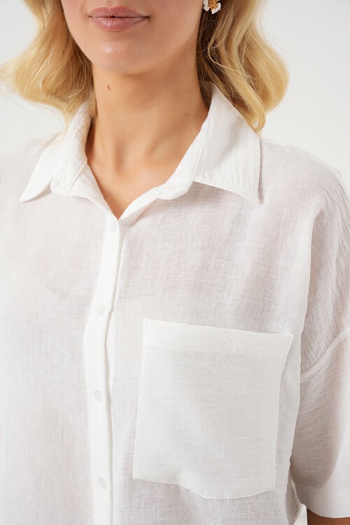 Merterium Kadın Kısa Kol Keten Görünümlü Gömlek 20336 - Beyaz