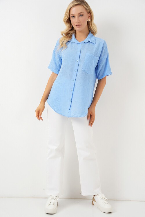 Merterium Kadın Kısa Kol Keten Görünümlü Gömlek 20336 - Mavi