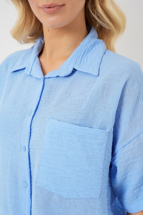 Merterium Kadın Kısa Kol Keten Görünümlü Gömlek 20336 - Mavi