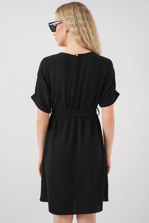 Kadın Kısa Kol Mini Ayrobin Elbise 2572 - Siyah