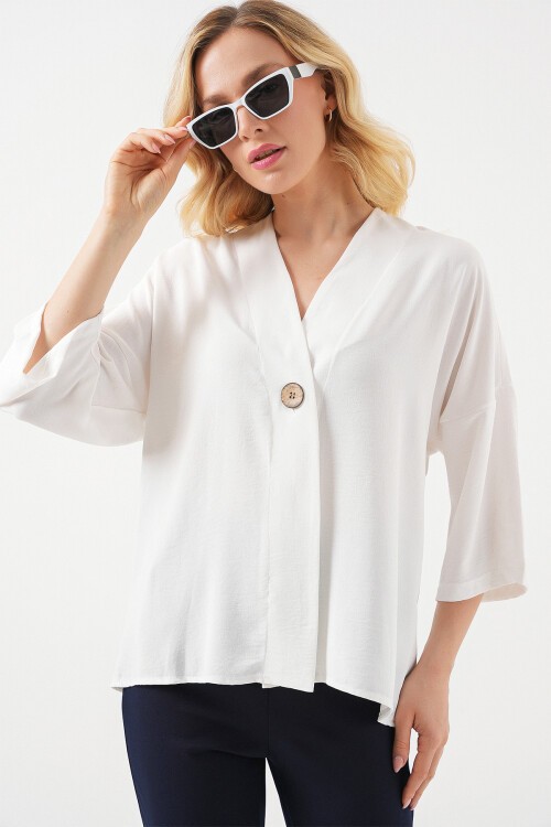 Kadın Kısa Kol Oversize Kimono 5969 - Beyaz